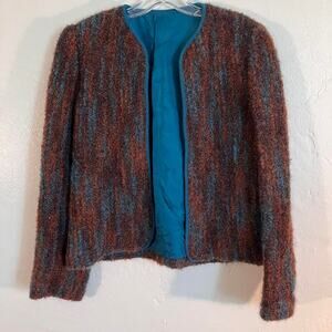 Vintage 80s Textured Boucle Jacket Womens Approx M Rust Brown Teal Stripe